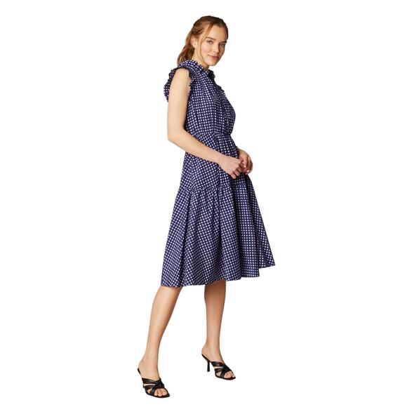 Tucker Navy Check Print Ruffle Midi Dress Silk Cotton Blend Sleeveless size M - Picture 1 of 7